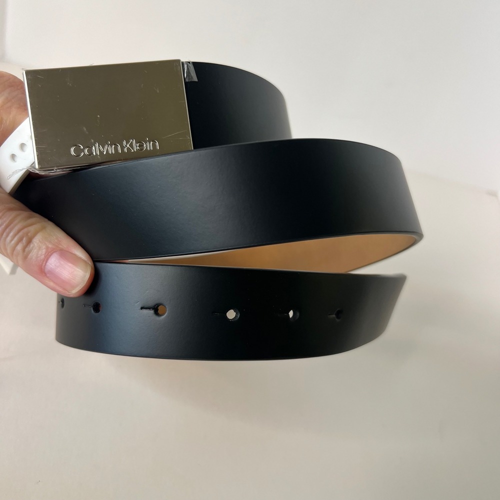 Mens Calvin Klein Black Leather Belt Silver Buckle CK Logo L 38 - 40 NWT